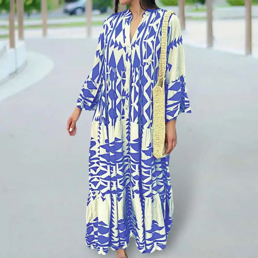 

Women Dress Buttons Half Placket Women Maxi Dress Casual Vintage Women V-Neck Dress Lady Long Flared Sleeve Boho Beach Dress