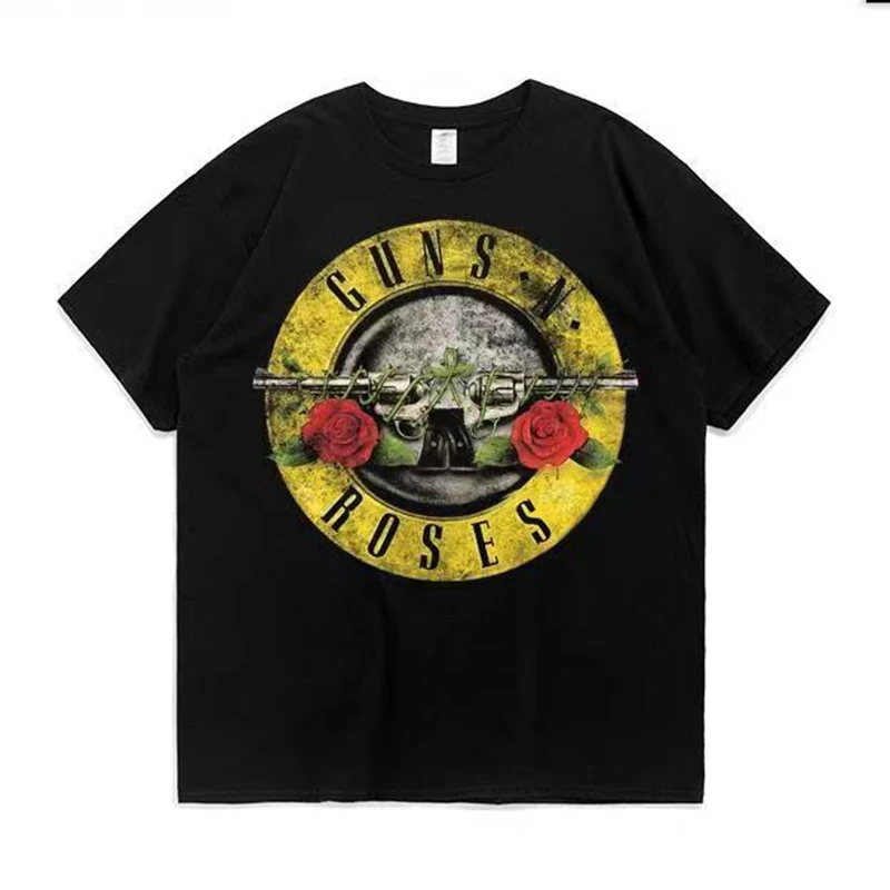 

Summer Pure Cotton Men T-Shirt Metal Band T Shirt Guns Print Roses Vintage Black Oversized Women Tee High Quality Free Shipping