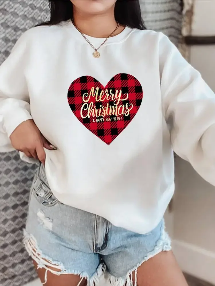 

Милые модные милые пуловеры в клетку с сердечками, модная одежда, Праздничные рождественские и новогодние Флисовые женские свитшоты с графическим рисунком и круглым вырезом