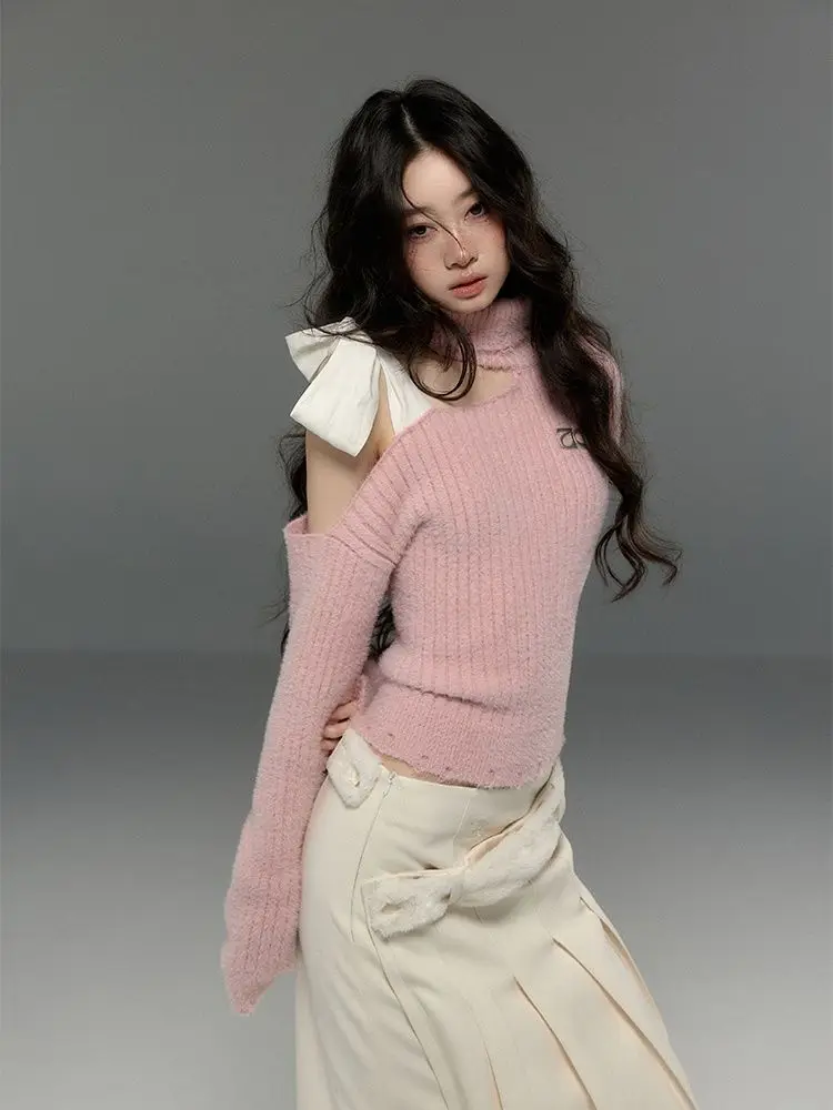 Женский кашемировый свитер с бантом свободный винтажный открытыми плечами Y2k