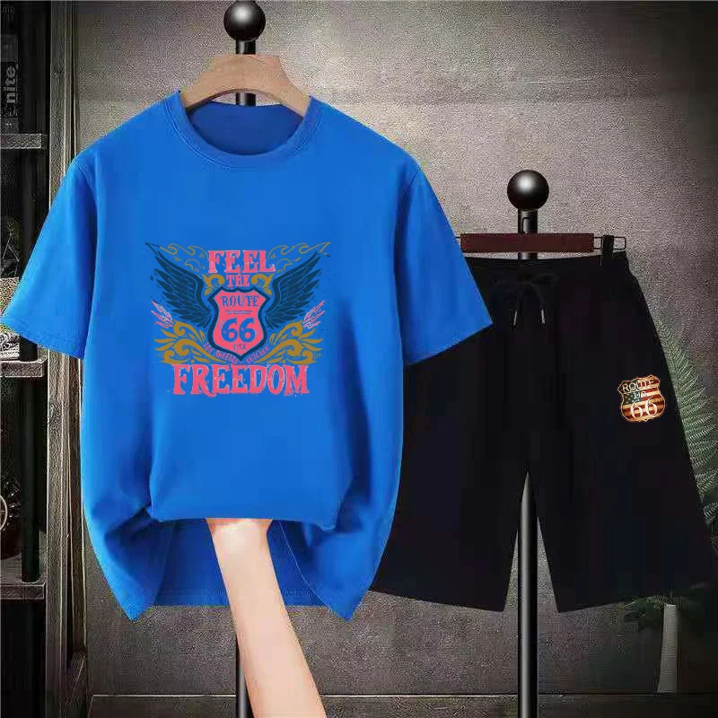 Oversize Shorts Set America Route 66 Streetwear Shorts Suits Summer Cotton Tracksuit Casual Tshirt Fashion Outfit Retro Clothing