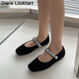 New Rhinestones Ballet Flat Shoes Women Square Toe Daily Loafers Comfortable Flats Cloth Shoes Girl Sneakers Leisure Boat Shoe