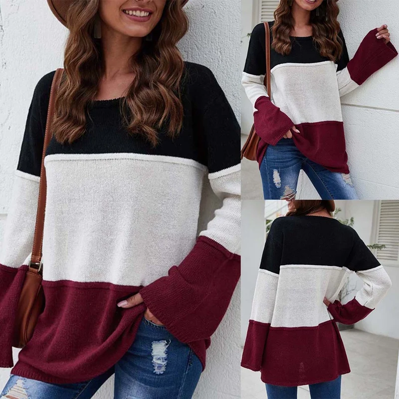 

Популярный свободный свитер в полоску Kf, пуловер на осень и зиму, белый, черный и красный цвета, пуловер в полоску, вязаный свитер для женщин