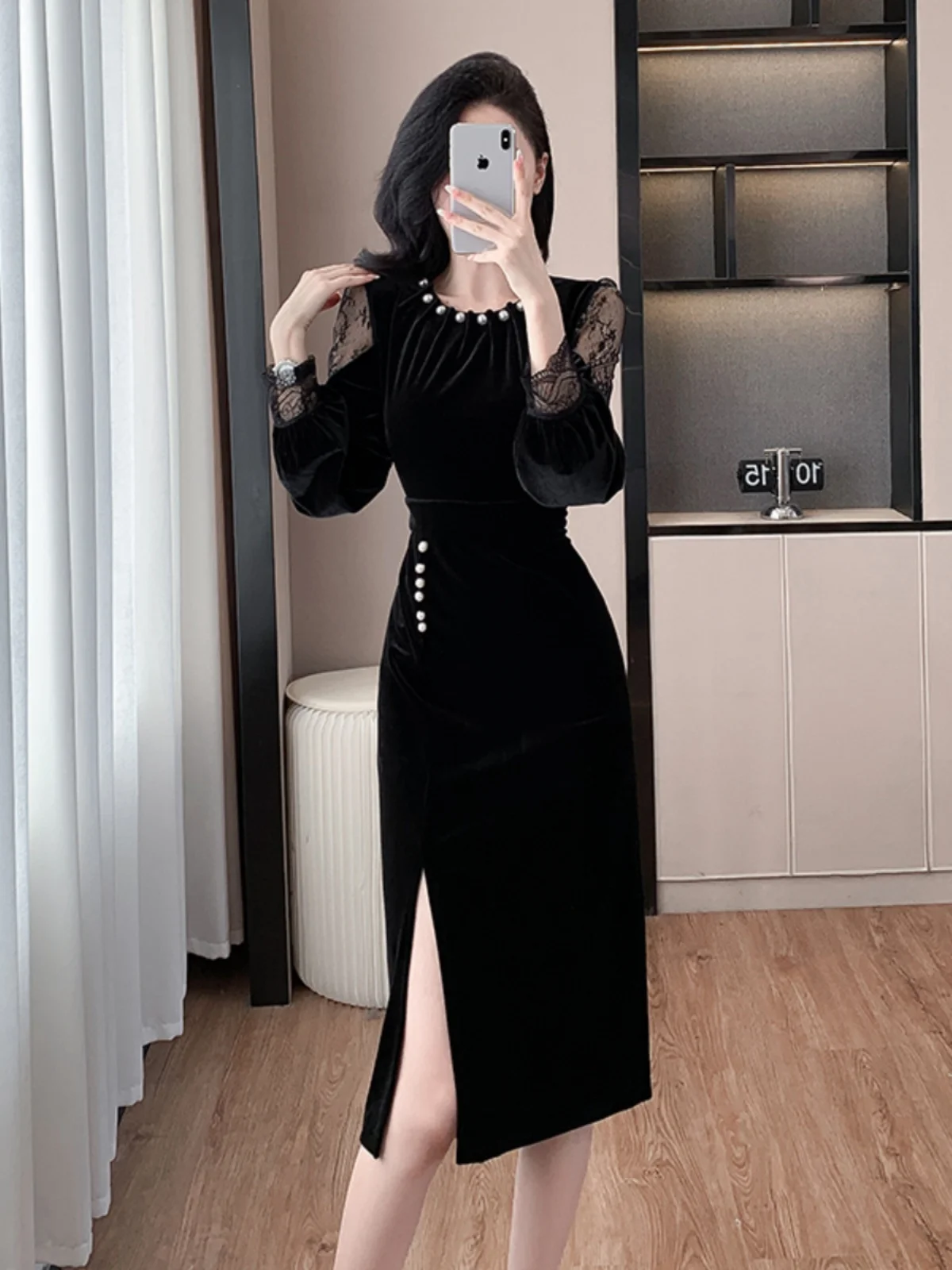 Hepburn Sle Socialite Ретро Темперамент с длинными рукавами Весна и осень Бархатное