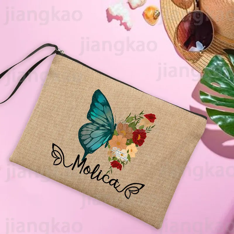 Индивидуальная дорожная Льняная сумка-клатч с именем бабочки женские пляжные