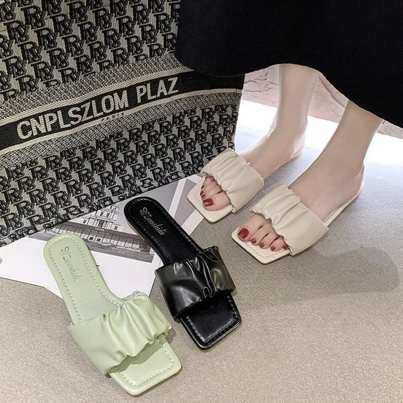 2023 Fashion Summer Womans Outside Slippers Female PU Solid Sweet-style Beach Shallow Flat-with Student Home Shoes Women Slides