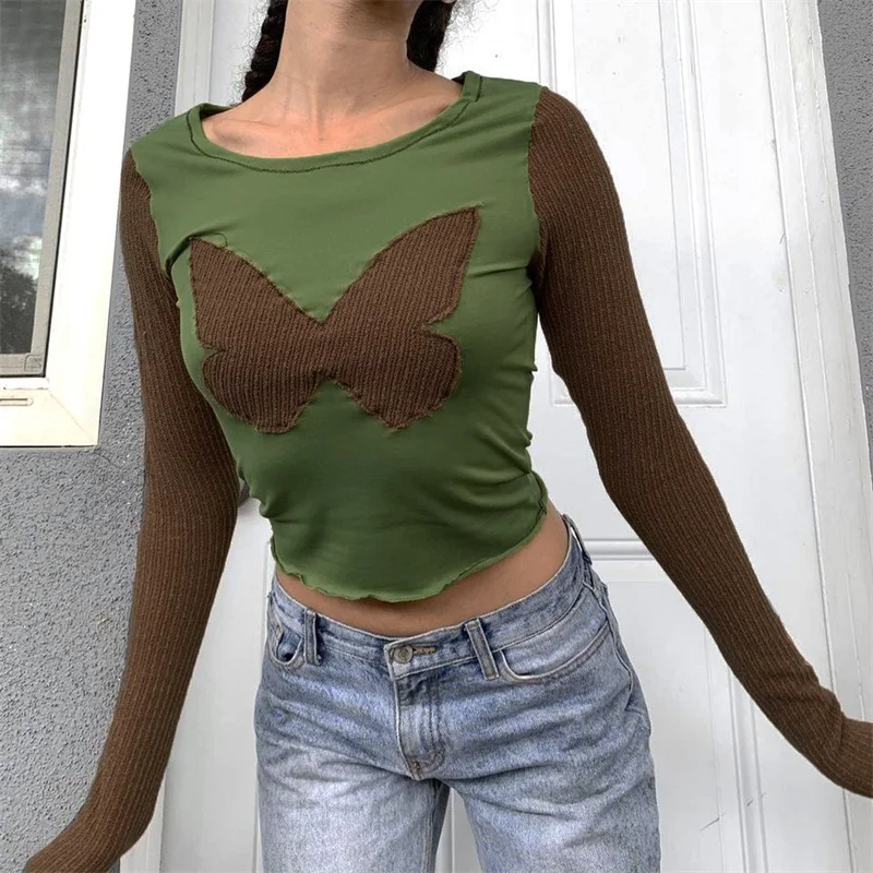 Футболка y2k женская в стиле Харадзюку пуловер контрастном с длинным рукавом