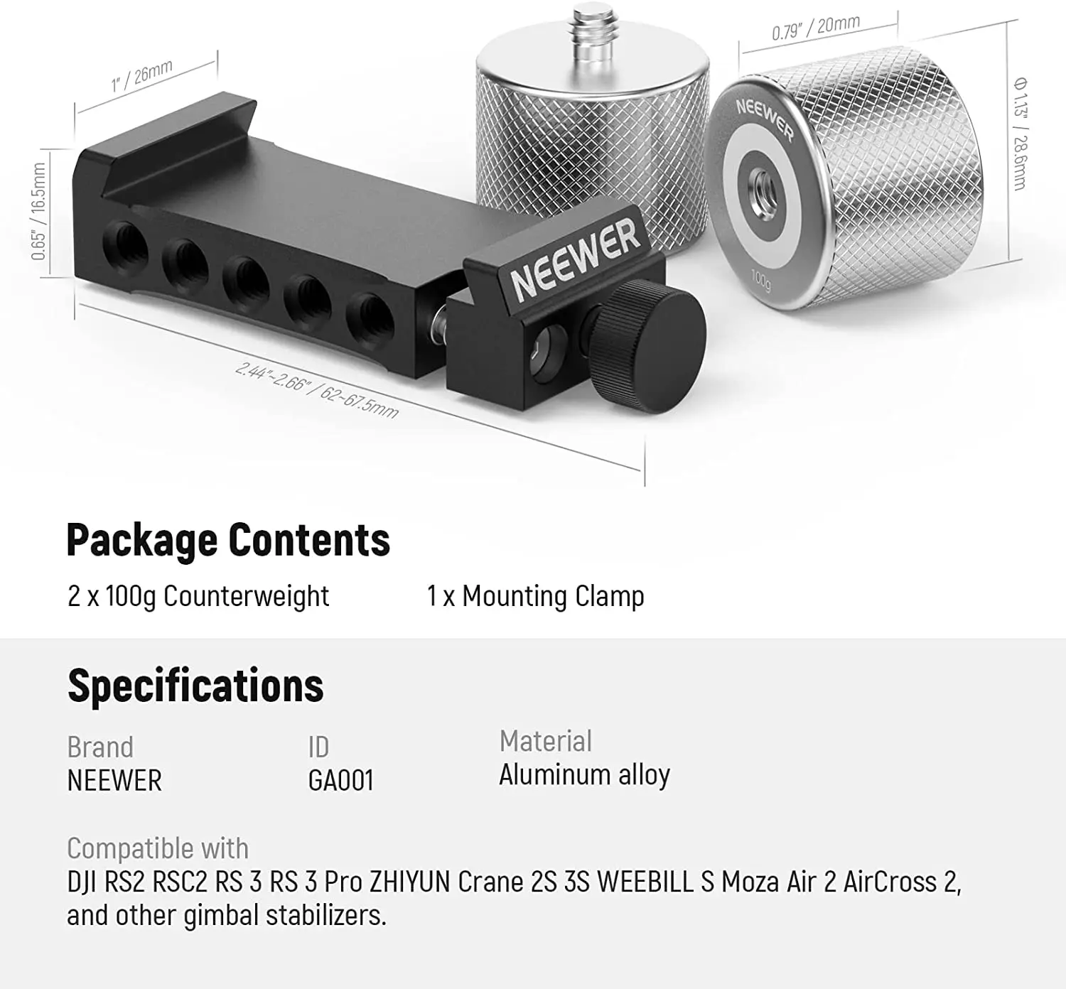 Комплект противовесов и зажимов NEEWER для DJI Ronin RS4 Pro RS4 RS3 Pro RS3 RS2 RSC2 ZHIYUN Crane 2S 3S Weebill S Moza Air (art.: 3920cf08a72d0) - 3920cf08a72d0