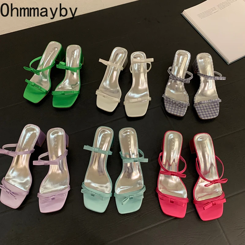 

Heel Sandals Women Fashion Bowtie Woman Slippers Sexy Open Toe Sqaure Heel Summer Slip On Shoes Ladies Outdoor Party Sandalias