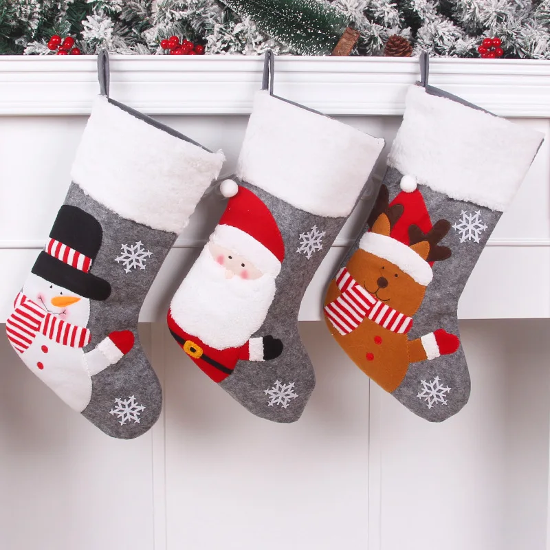 

Christmas Stockings Fabric Santa Claus Sock Gift Kids Candy Bag Snowman Elk Deer Pocket Home Hanging Xmas Tree Ornament Gifts