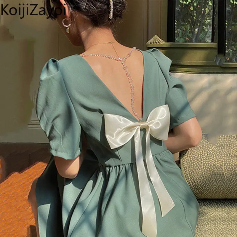 

Koijizayoi Vintage Women's Summer Dress Sexy Backless Bow High Waist Party Dresses Loose Slim Chic Vestidos Korean Women Clothes