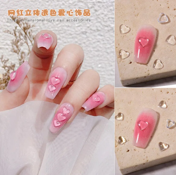 100pcs/Bag Nail Art Charms Clear Flat Bottom Love Ornament Jelly Resin Diamond Stereo Cheek is red Crystal