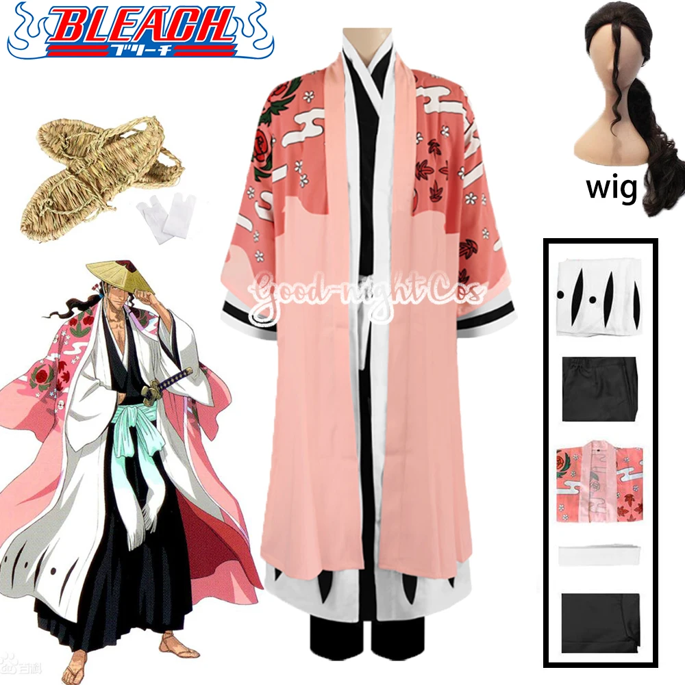 

Anime Bleach Kyoraku Shunsui Cosplay Costume Thousand-Year Blood War Pink Kimono Black Shinigami Attire Wig Shoes Cloak Set