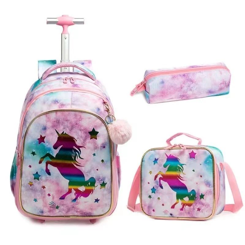 

3 IN 1 School Kids Backpack with Wheels Kids Wheeled School Bag Teenagers Girls Canvas Backpack Travel Trolley Bags for Girls