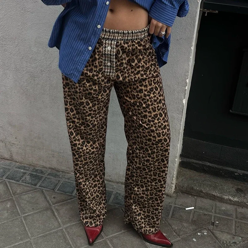 Y2K Boyfriend Trousers Leopard Print High Waist Long Pants Retro Women Chic Fashion Wide Leg Vintage Grunge Streetwear