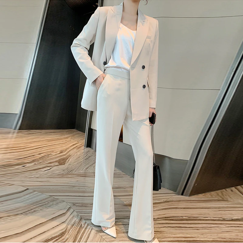 

Women's Sets Blazers Office Elegant Ladies Workwear Outfit Female Double Breasted Blazer Loose Two Piece Suit Wide Leg Pants Set