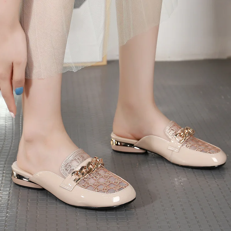 Shackles Decor Rhinestones Summer Slippers Large Sizes Genuine Leather Retro Slides Hollow Wedge Sandals Ladies Outdoor Shoes