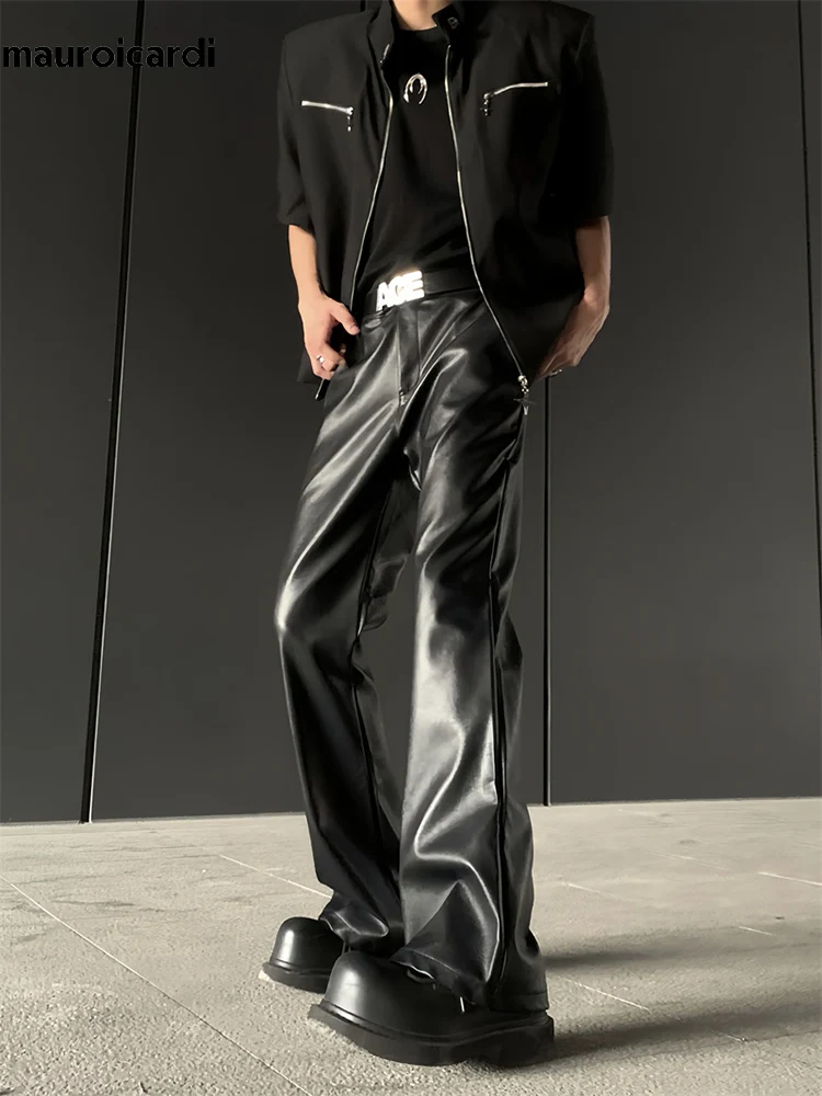 

Mauroicardi Autumn Cool Black Soft Stretchy Pu Leather Wide Leg Pants for Men High Waist Loose Casual Luxury Designer Clothes