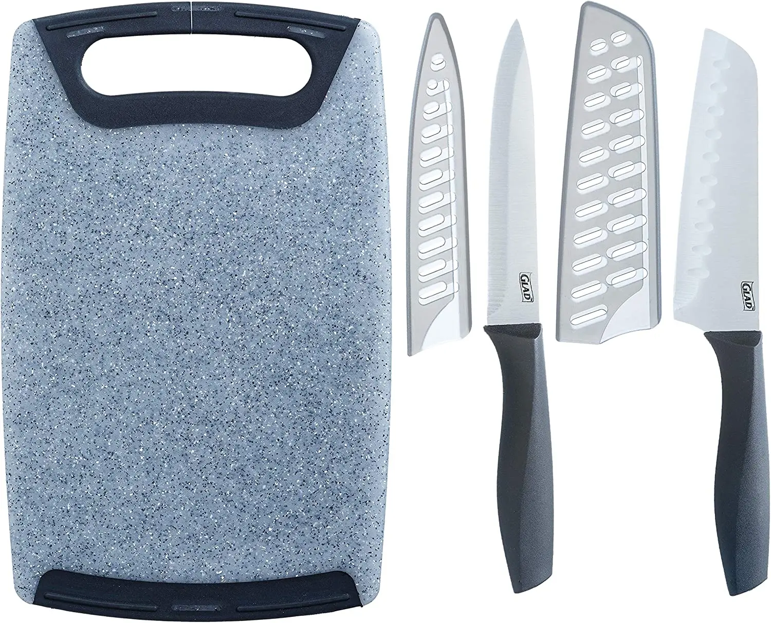 

Knives Set with Cutting Board, 5 Pieces | Sharp Santoku and Utility Knives with Blade Lids and Cutting Block | Kitchen Kitchen