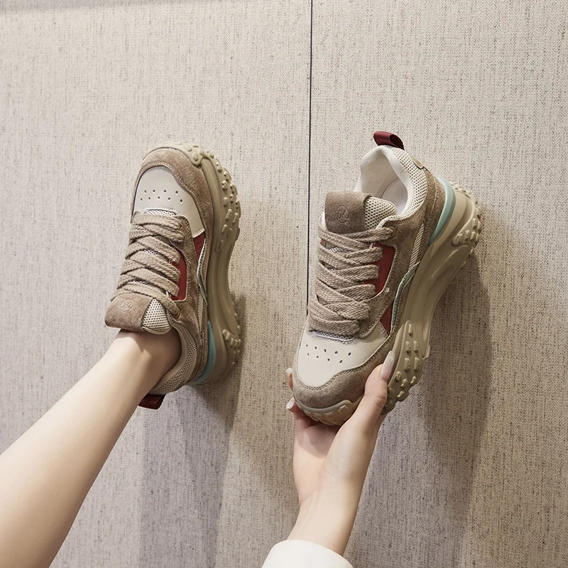 2023 New 6cm Genuine Leather Platform Mesh Breathable Sneakers Chunky Hidden Heel Mixed Color Women Spring Vulcanize Shoes