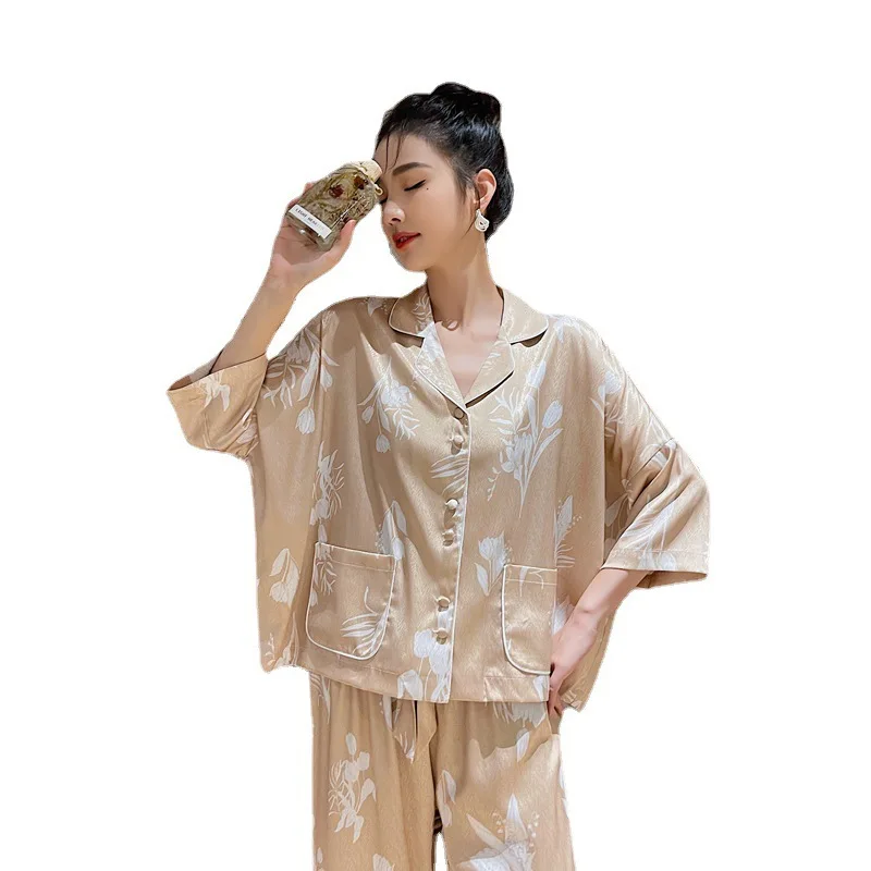 Pajamas Women's Suit 2023 Spring and Summer New Ice Silk Half Sleeve Trousers Cardigan Comfortable Loose Suitable for Daily Wear