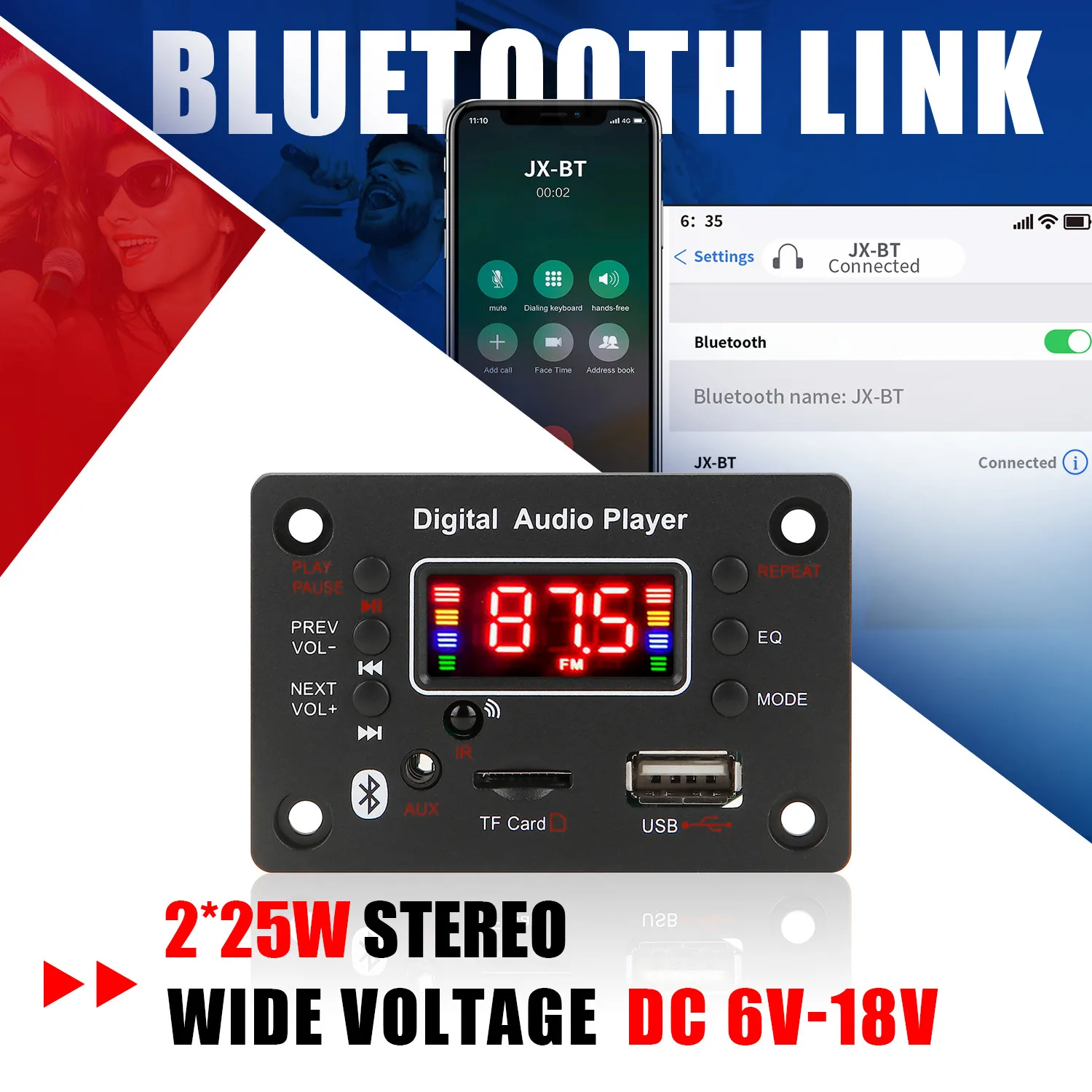 Фото ARUIMEI 2*25 Вт усилитель MP3-плеер декодер плата 18 В Bluetooth 5,0 50 Вт усилитель автомобильный FM-радио модуль поддержка TF USB AUX №5