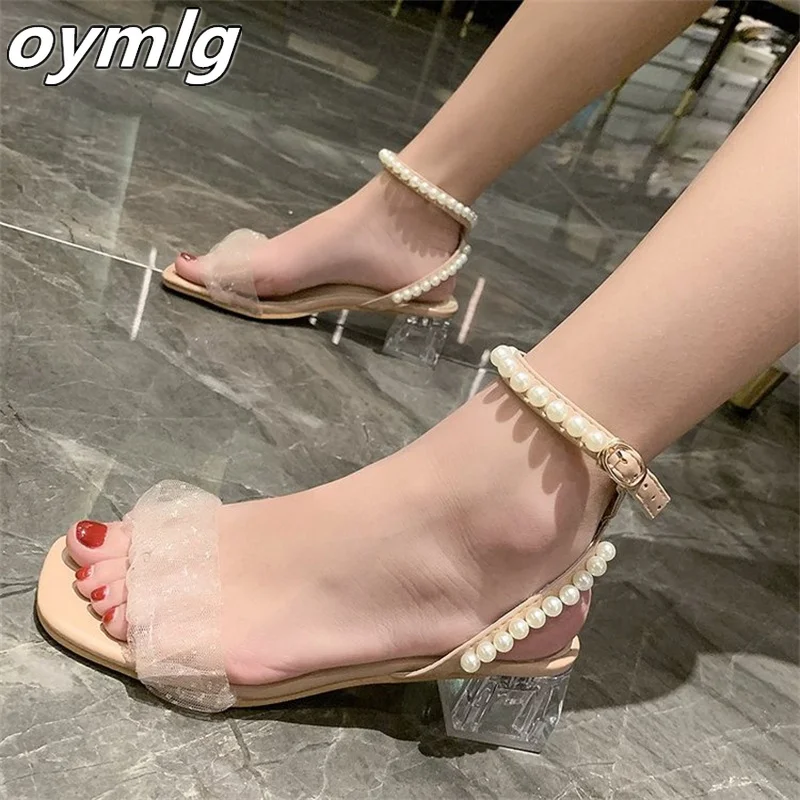 

Transparent crystal high heels women's summer fashion square toe thick heel small fresh girl open toe word with net red sandals