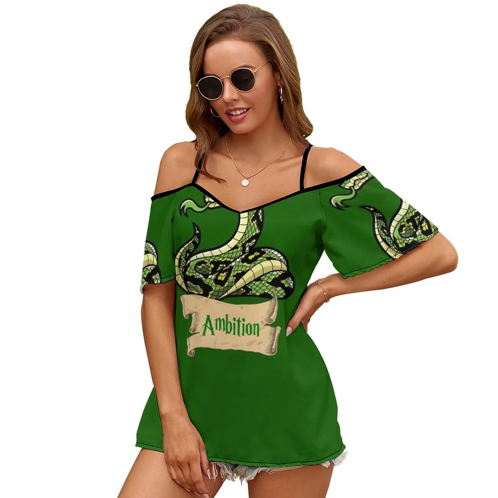 Ambition 14 Women's T-Shirt Summer Fashion Print Floral V-Neck Zipper Tshirt Hollow Pullover Ladies Top Slytherin