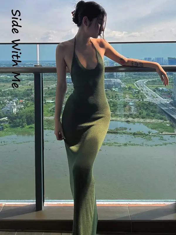 

Side with Me Spaghetti Strap Sexy Backless Badycon Halter Neck Long Woman Dress 2022 Summer Robe Party Club Black Women' Dresses