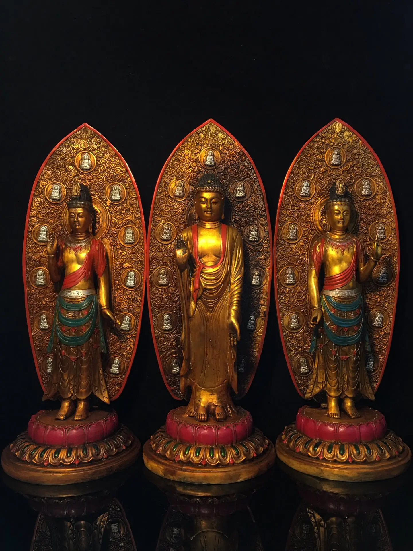 

16" Tibetan Temple Collection Old Bronze painted Gilt Western Three Holy Buddhas Guanyin Shakyamuni Backlight set worship hall