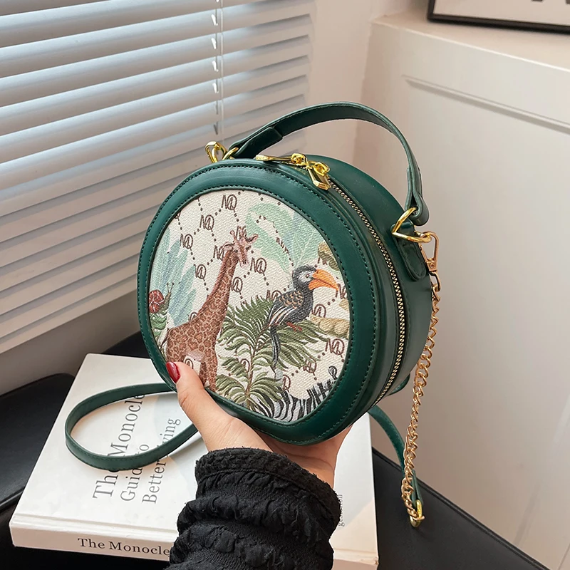 

Graffiti Purse And Handbag Round Small Crossbody Bag For Women Mini Bag Green Chain Shoulder Bag Retro Tote Designer Female Bag