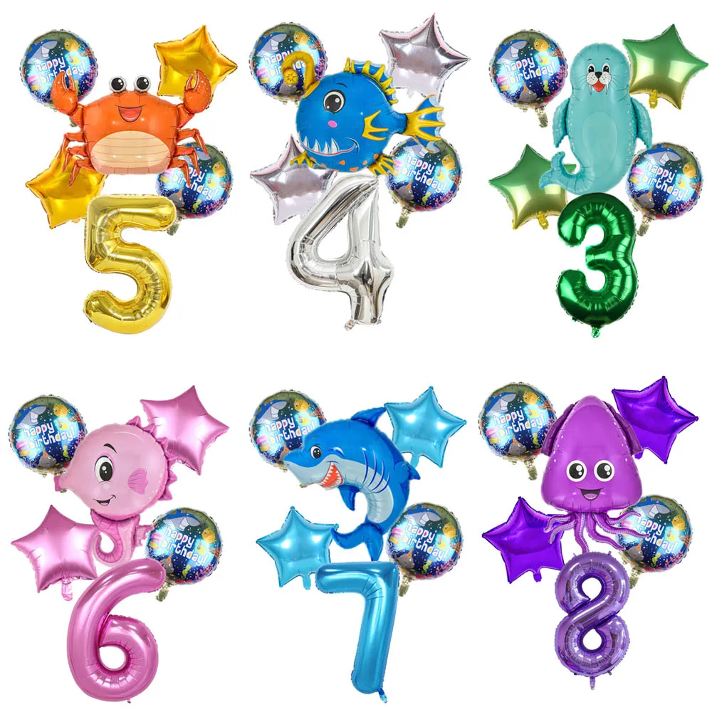 

New Disney Marine Animal Cartoon Shark Whale Crab Aquid Seahorse Birthday Party Decoration Aluminum Digital Balloon Baby Gift