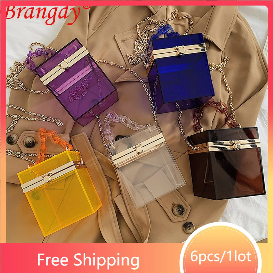 

6pcs PVC Cosmetic Bags Cases Hand-held Mini One Shoulder Chain Handbags Ladies Vintage Tote Transparent Hasp Box B10103