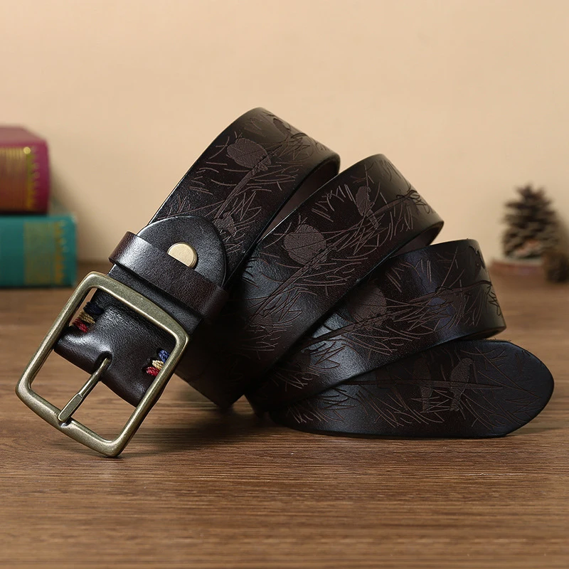 3.8CM Top Cow Genuine Leather Belts for Men Copper Buckle Fashion Style FULL GRAIN Male Belt for Jeans Cowhide Strap
