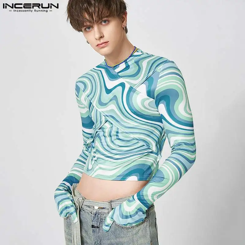 

INCERUN Men T Shirt Printing Round Neck Long Sleeve Gloves Streetwear Fashion Irregular Tee Tops 2023 Fitness Camisetas S-5XL