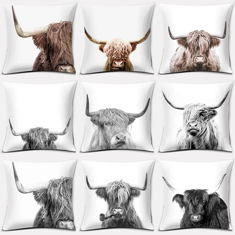 Home Decor Scottish Highland Cow Pattern Super Soft Pillowcase Sofa Cushion Cushion Decorative Pillow 45x45cm