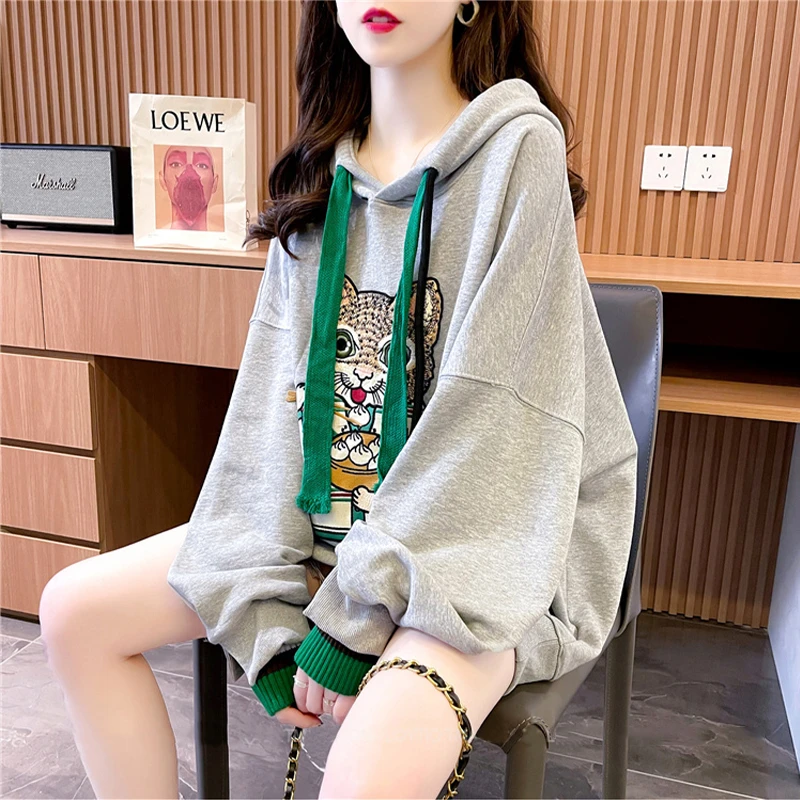 

Толстовки с капюшоном с мультяшным котом, женское свободное большое пальто, топ, кавайный свитер для женщин, весна-осень 2022