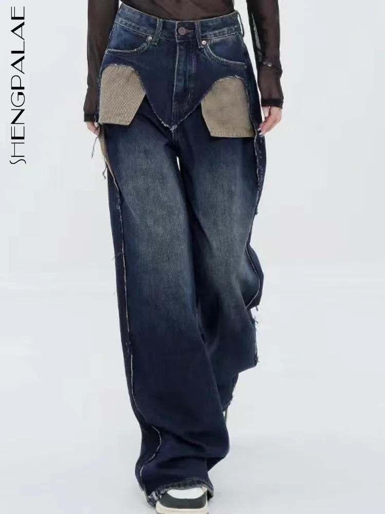 

SHENGPALAE женские джинсы свободные длинные прямые широкие брюки модные Лоскутные карманы темно-синие джинсовые брюки весна 2023 Новинка