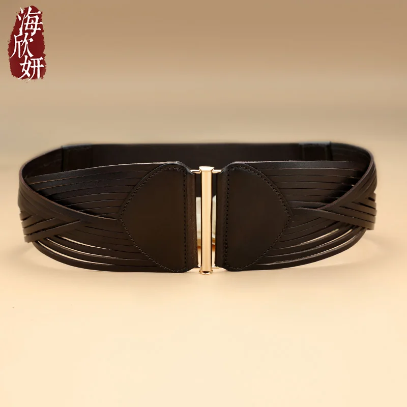 Waist Seal Women Genuine Leather Full-grain Wide Belt Decoration with Dress Sweater Trench coat Elastic Woven