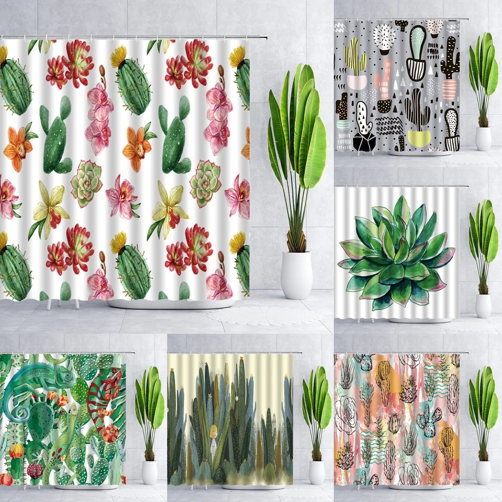 

Cactus Shower Curtain Tropical Succulent Plant Botanical Western Floral Blossom Green Waterproof Fabric Bathroom Bathtub Curtain