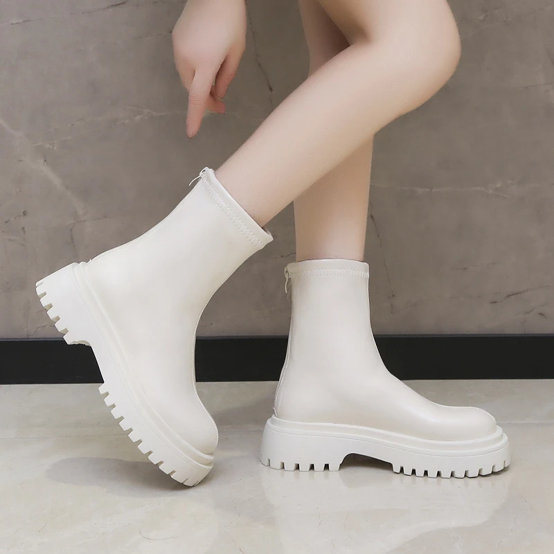 

Женские ботинки на плоской подошве, белые ботильоны из хлопка, с круглым носком, на молнии, на средней резиновой подошве, В Стиле Лолита, осен...