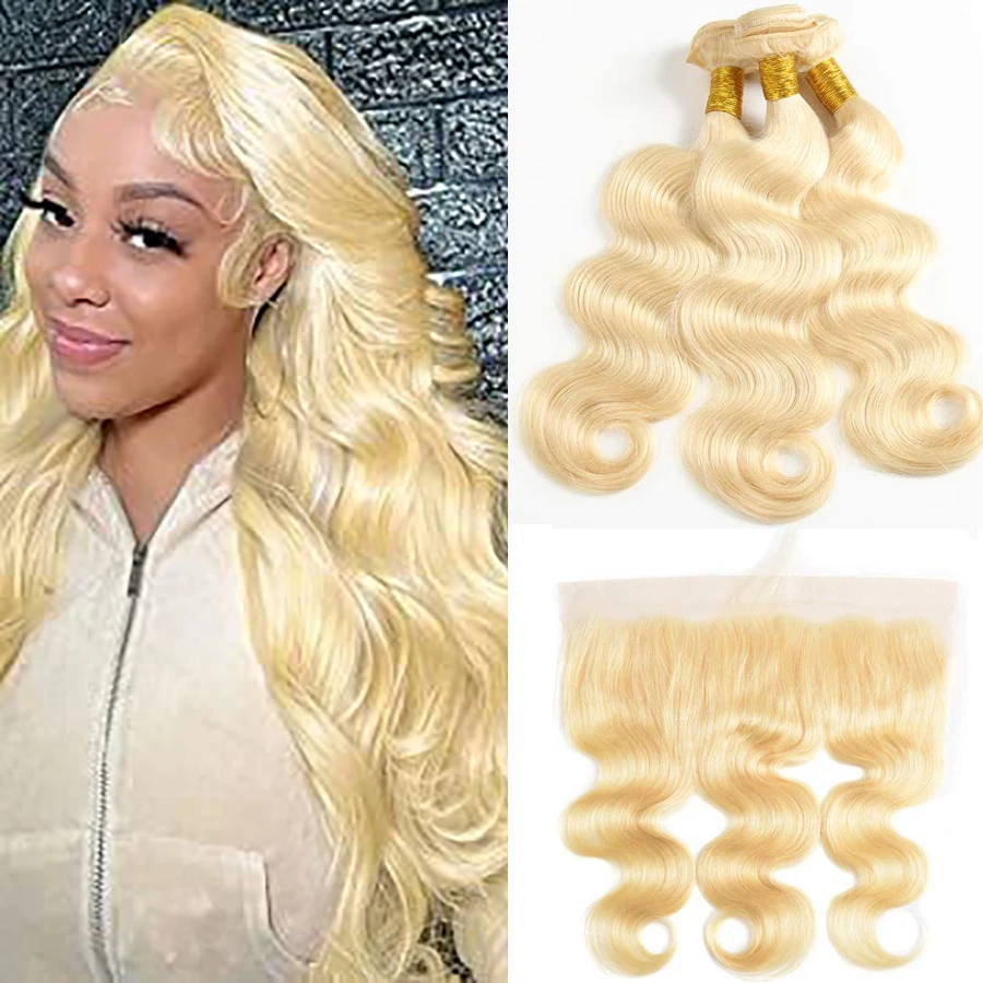 Brazilian Color 613 Honey Blonde Body Wave 3 4 Bundles With Frontal 13x4 Transparent Lace Front Human Hair Extensions For Women
