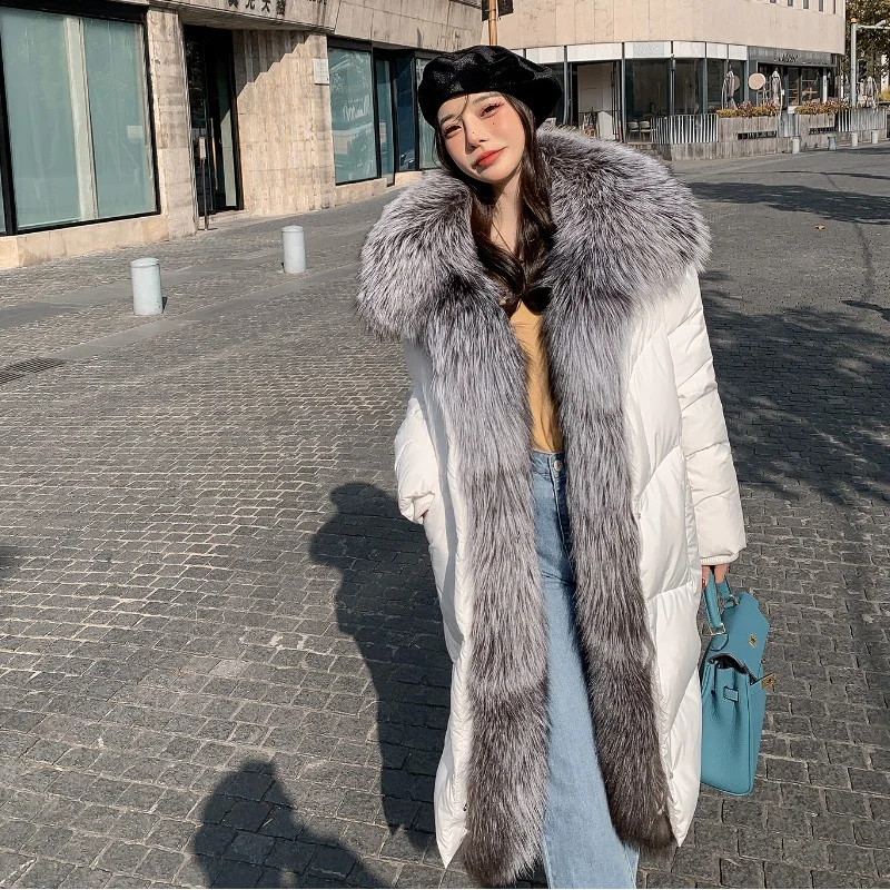 

Aoottii 2022 New Long White Duck Down Down Jacket Natural Fox Fur Big Collar Fashion Warm Thick Loose Women Outerwear Streetwear
