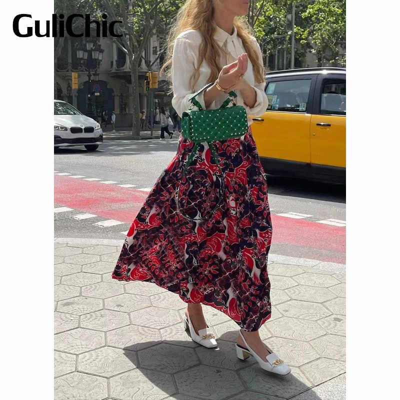 

7.28 GuliChic Women Ribbon Design Silk Shirt Or Chain Decoration Print Pleated Skirt Temperament Set