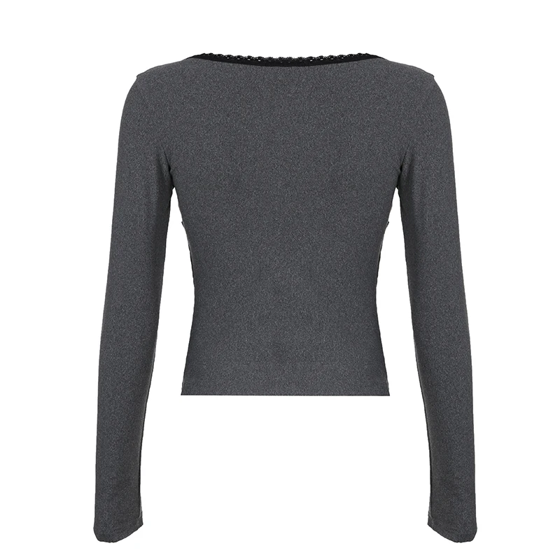 Женский винтажный кроп-топ с V-образным вырезом и длинным рукавом