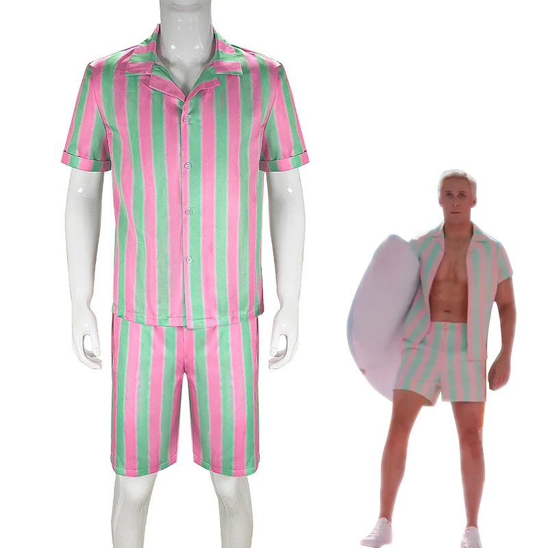 

Movie Ken Ryan Gosling Cosplay Costume Men Pink Green Stripe Shirt Coat Shorts Suit Halloween Beach Uniform Outfit Carnival Gift