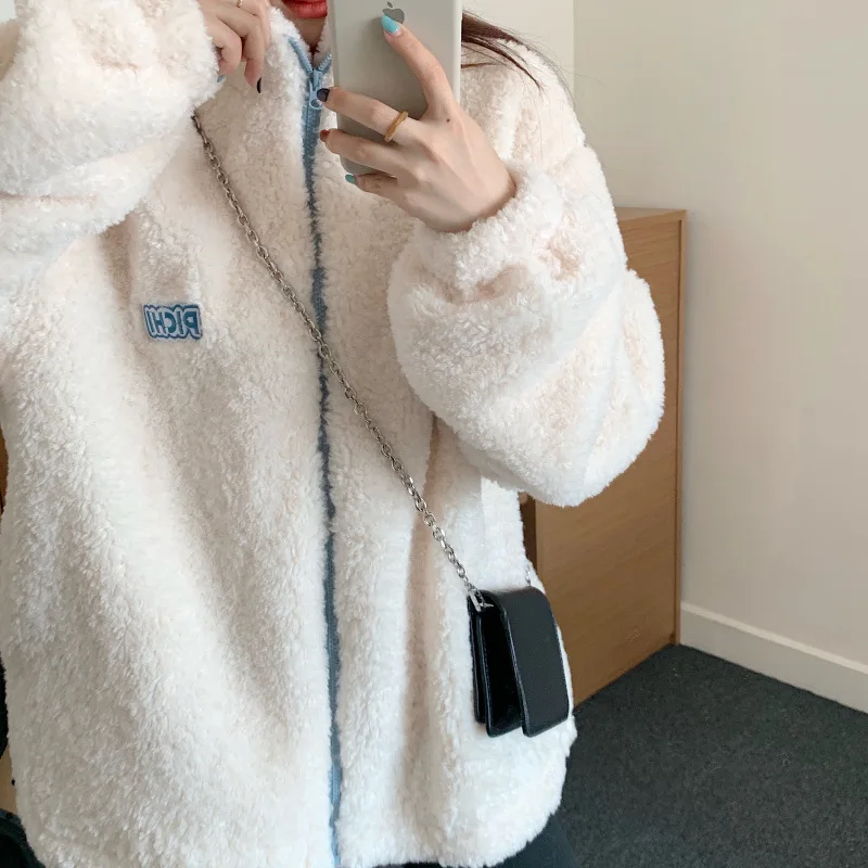 Women Lamb Fur Jacket Velvet Letter Long Sleeve Lambswool Oversized Coat Fashion Casual Korean Style Warm Fluffy Teddy Jackets