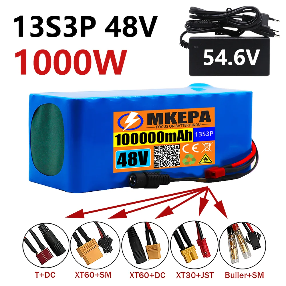 

13S3P 48V 100000mAh 100Ah Lithium-ion Battery Pack with 1000W BMS for 54.6V E-bike Electric Bicycle Scooter + 54.6V Charger