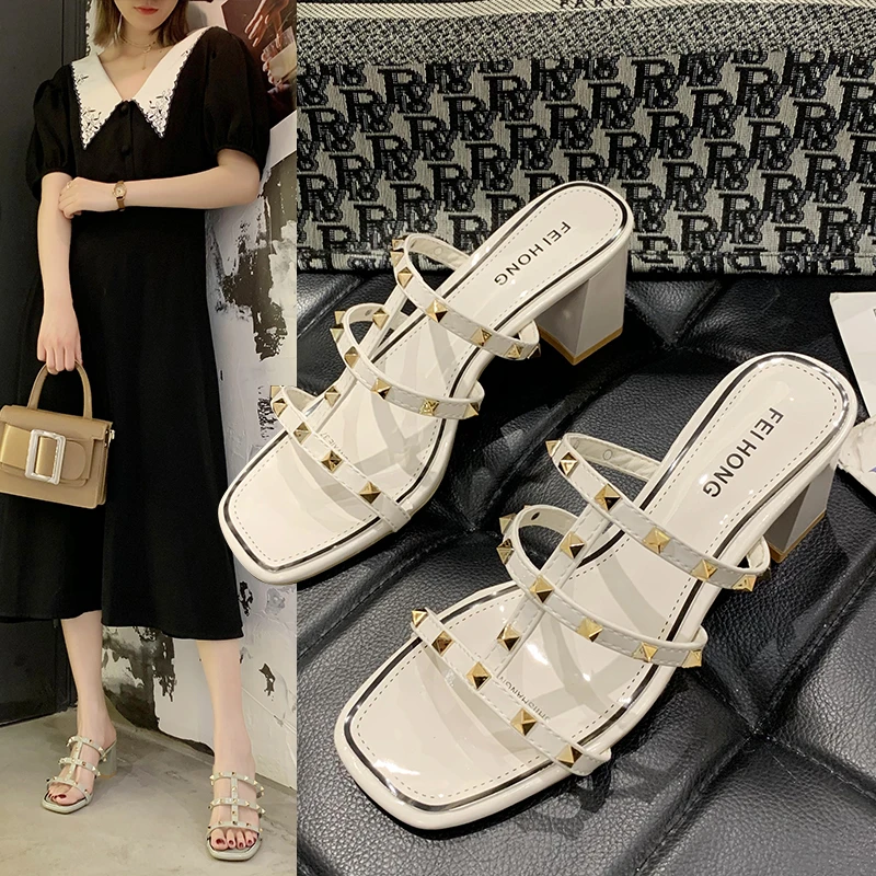

Fashion outer wear rivet high-heeled slippers summer new Korean version of wild word with Roman sandals large size women's shoes