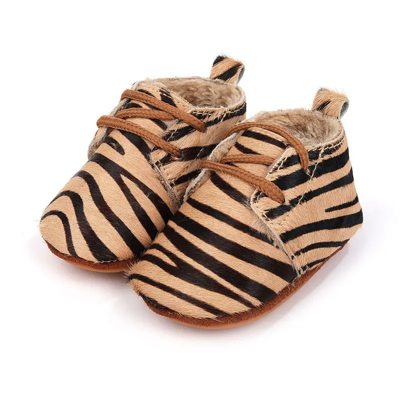 Winter Genuine leather Baby shoes Leopard print Warm Plush Baby Boys First walkers Zebra Stripes Newborn indoor shoes 0-24M